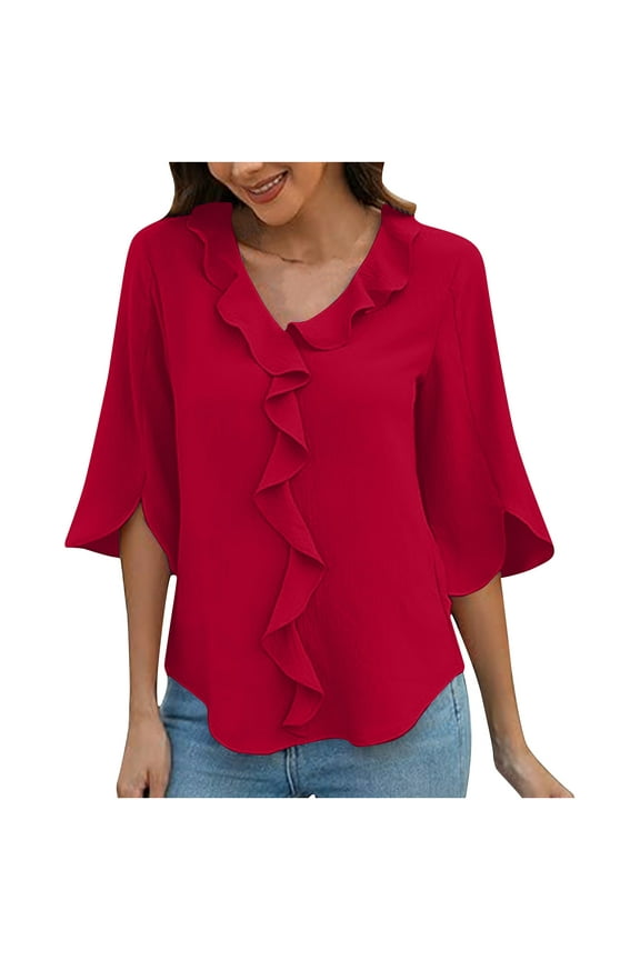 Ruffle Detail V-Neck Blouse for Women 3/4 Sleeve Summer Office Shirt Chic Business Casual Professional Top