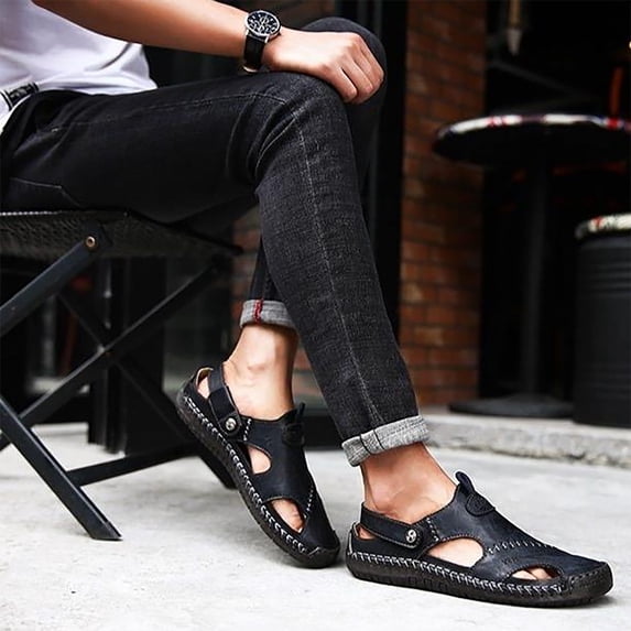 Zpanxa Sandals Men Summer Men's Sandals Men's Trendy Leather Beach Shoes Shoes Sewing Shoes Black Platform Sandals 40