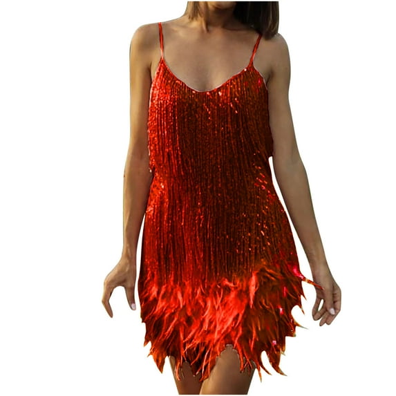 Zpanxa Sequin Dress for Women Feather Fringe Cami Dress Sexy Sleeveless Spaghetti Strap Party Dress Cocktail Evening Bodycon Mini Dress Sparkly Flapper Dresses Glitter Club Dress Red S