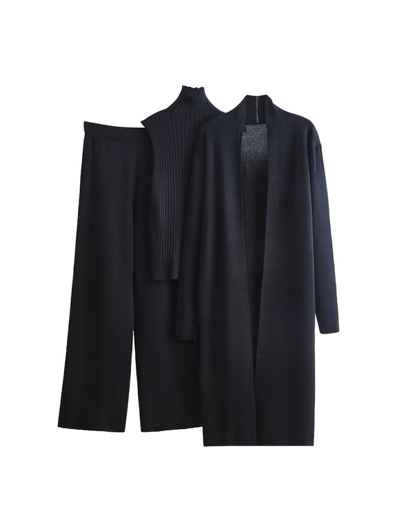 Sets for Women Clothing Two Piece 3-Piece Knit Set Long Open Front Cardigan Turtleneck Top and Elastic Waist Wide Leg Pants