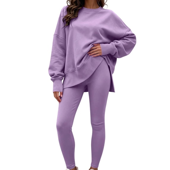 Zpanxa Sets for Women Clothing Two Piece Solid Crew Neck Long Sleeve Oversized Top and Leggings
