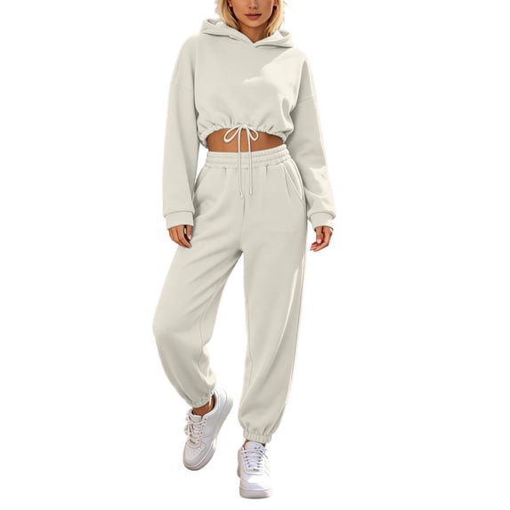 Zpanxa Sets for Women Clothing Two Piece Solid Drawstring Crop Hoodie and Cuffed Jogger Pants