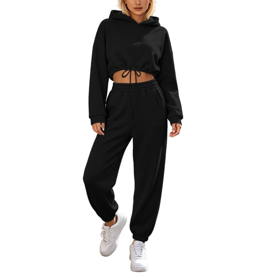 Zpanxa Sets for Women Clothing Two Piece Solid Drawstring Crop Hoodie and Cuffed Jogger Pants
