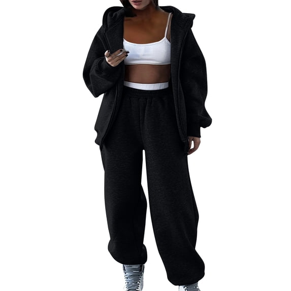 Zpanxa Sets for Women Clothing Two Piece Solid Zip-Up Hooded Sweatshirt and Cuffed Jogger Pants