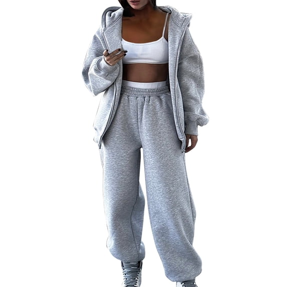 Zpanxa Sets for Women Clothing Two Piece Solid Zip-Up Hooded Sweatshirt and Cuffed Jogger Pants