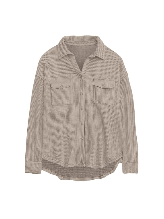 Shacket Women Plus Size Waffle Knit Button Down Collared Casual Coat with Pockets Beige S