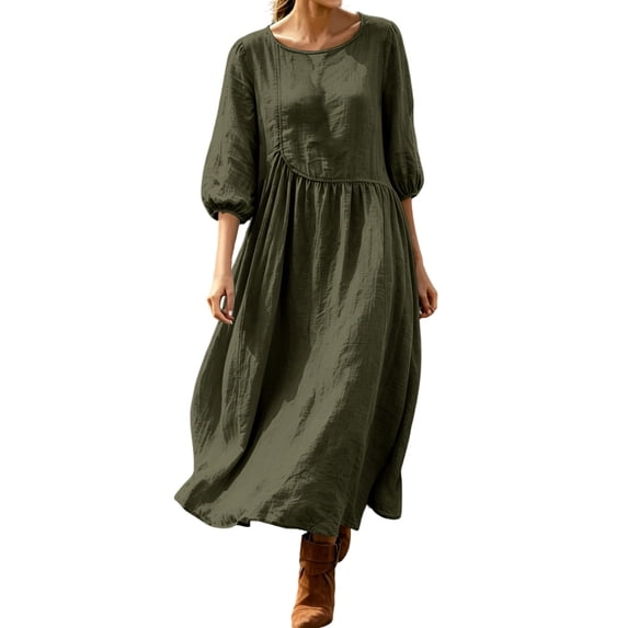 Zpanxa Womens Dresses, 3/4 Sleeve Crew Neck Relaxed A Line Midi with Side Pockets
