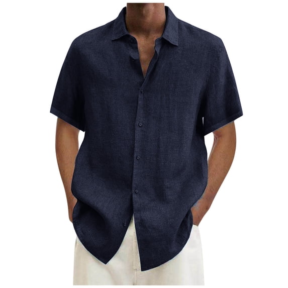 Zpanxa Shirts for Men, Mens Shirts Short Sleeve Casual T-Shirt Solid Short Sleeve Stand Collar Buttons Pullover Blouse Tops Navy S