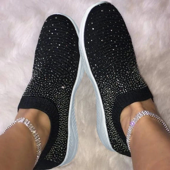 Zpanxa Shoes for Women Ladies Ankle Flat Loafers Crystal Fashion Bling Sneakers Casual Shoes Black Womens Shoes 38