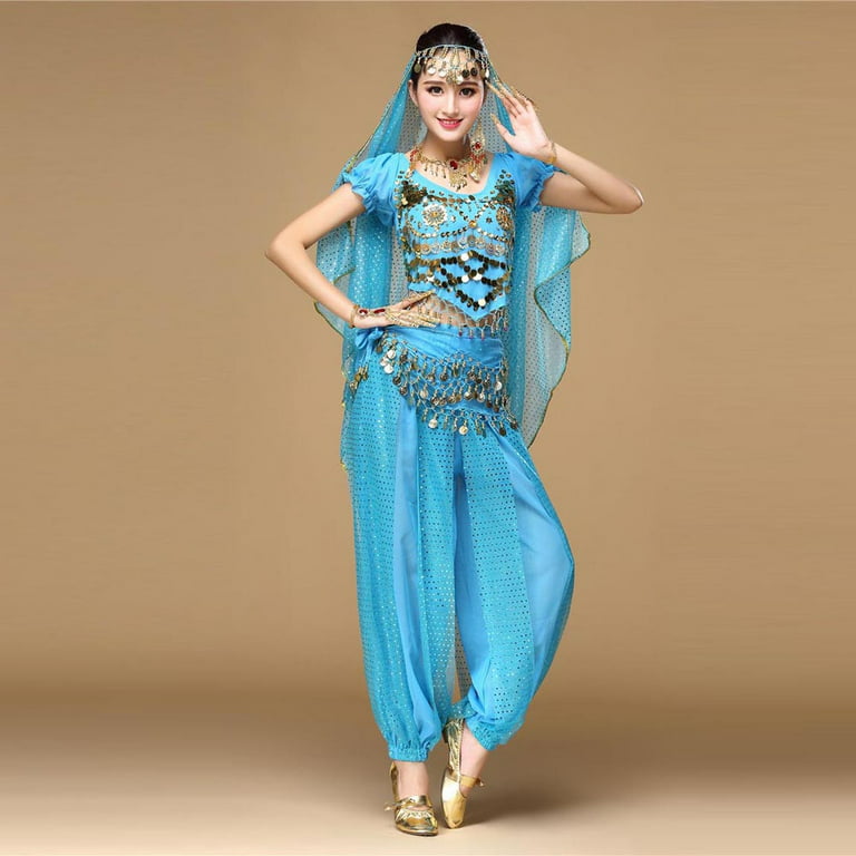 Zpanxa Short Sleeve Shirts for Women Belly Dance Outfit Costume India Dance  Clothes Top+Pants Womens T Shirts Sky Blue One Size