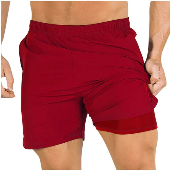 Zpanxa Shorts for Men, Mens Shorts Casual Shorts Double-layer Sports Thin Lining Fake Two-piece Breathable Woven Five Quarter Shorts Red XXL