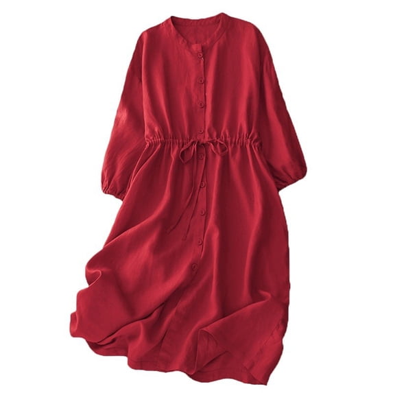 Zpanxa Simple Linen Dress for Women Relaxed Fit Round Neck Casual Minimalist Style Boho Day Dress