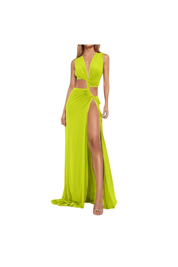 Sleeveless V-Neck Midi Dress with Pleated Skirt, Cut Out Details and High Slit Asymmetric Hem