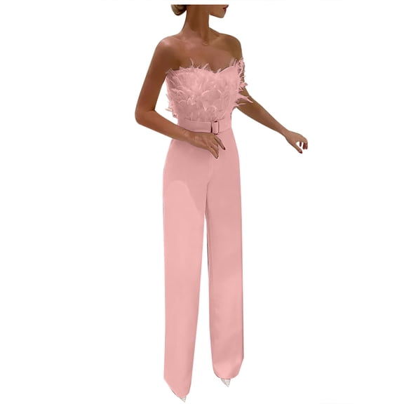 Zpanxa Slim Cut Jumpsuit for Women Ruffle Detail Waist Stretchy Comfortable One Piece Romper Versatile Day to Night Outfit for Various Occasions Pink M