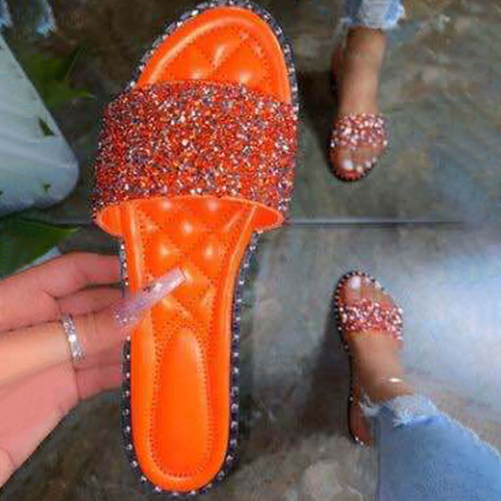 Zpanxa Slippers for Women Fashion Flat Sandals Rhinestone Slipper ...