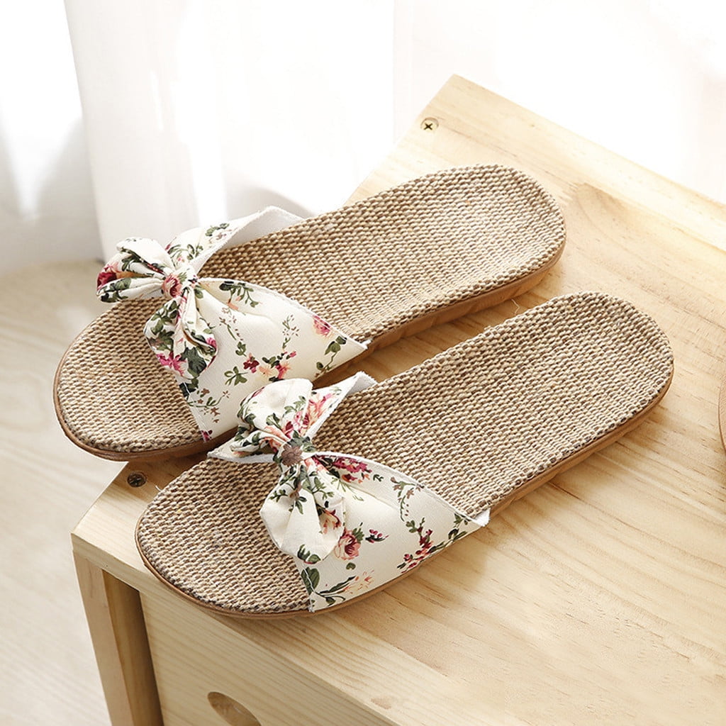 Zpanxa Slippers for Women Female Bowknot Flax Linen Flip