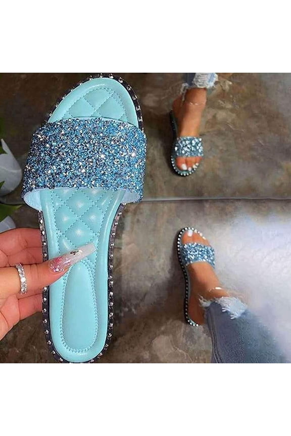 Slippers for Womens Glitter Bling Fancy Slide Flat Low Wedge Casual Fashion Sandals Shoes Flip Flops for Women Blue 38