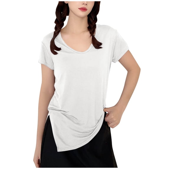 Zpanxa Slit Hem T-Shirt for Women Short Sleeve Round Neck Blouse, Solid Color Casual Top Relaxed Fit Comfortable Tunic with Side Slit