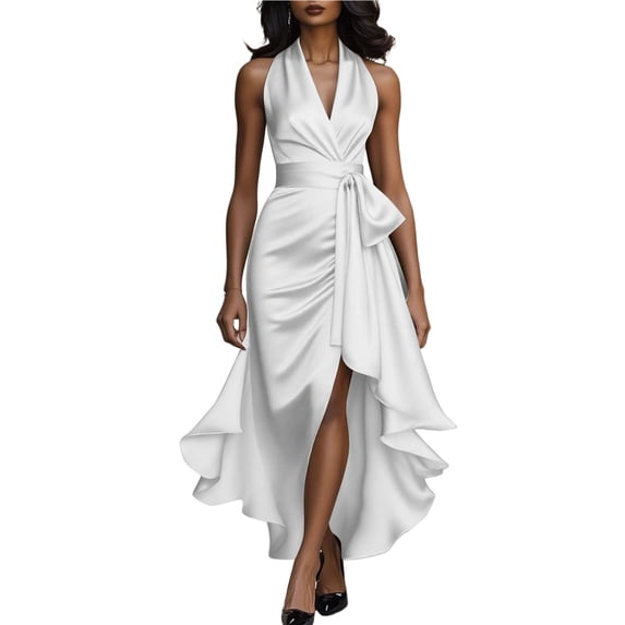 Zpanxa Solid Color Bodycon Evening Gown Women's Sleeveless V Neck Asymmetric Hem Dress with Ruffle Trim