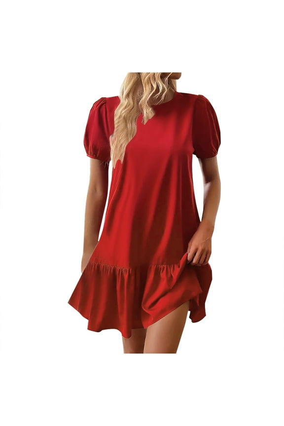 Solid Color Bubble Sleeve Dress Women's Casual Round Neck Short Sleeve Ruffle A Line
