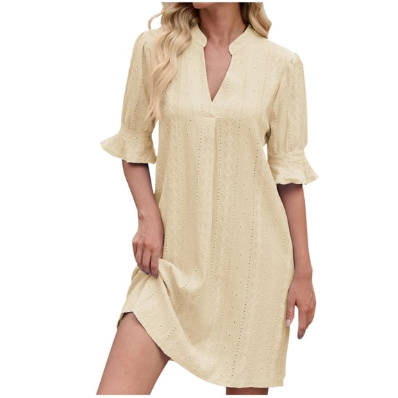 Zpanxa Solid Color Ruffle Dress Women's V Neck Casual Dress Three Quarter Sleeve with Lace Insert See Through