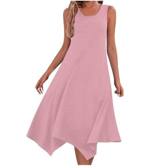 Zpanxa Solid Color Sleeveless Maxi Dress Women's Casual Round Neck A Line Dress with Asymmetric Hem