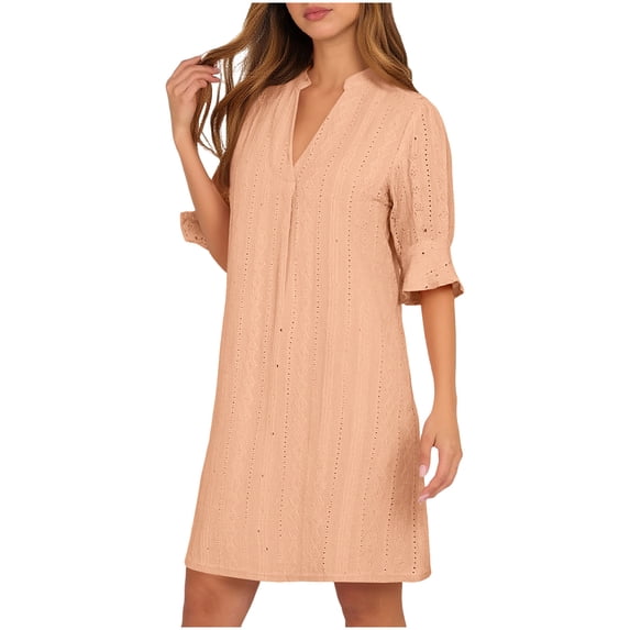 Zpanxa Solid Color V Neck Dress Women Short Sleeve Loose Fit Jacquard Day Dress Office Appropriate Modern Tunic Dress