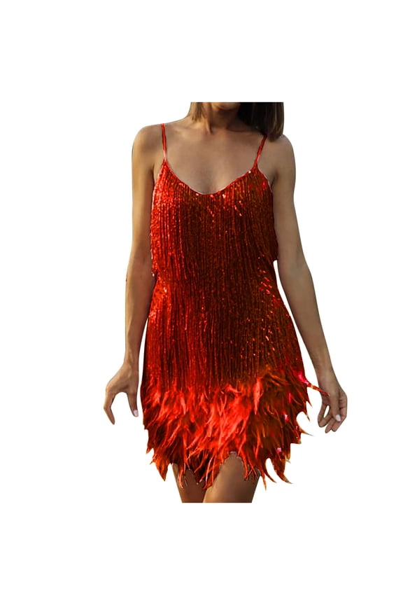 Sparkly Dresses for Women Glitter Sequin Dress Fringe Flapper Dress V Neck Spaghetti Strap Dress Backless Bodycon Mini Dress Party Cocktail Dress Date Night Dress Christmas Gifts Red XL