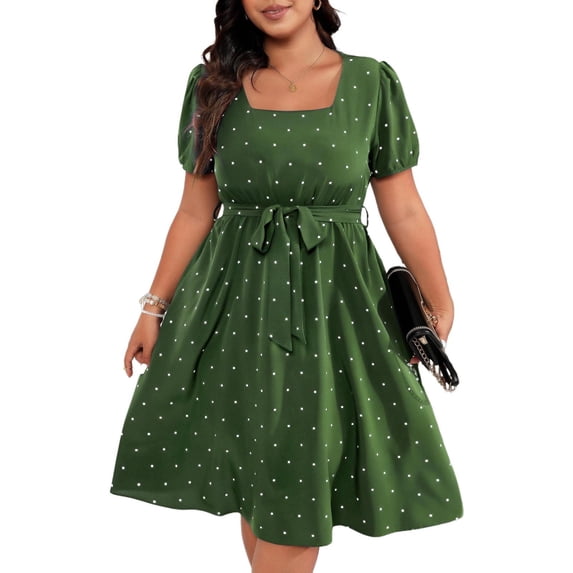 Zpanxa Square Neck Dress Women Plus Size Vintage Polka Dot Tie Waist Flared Swing Dress Elegant Short Sleeve