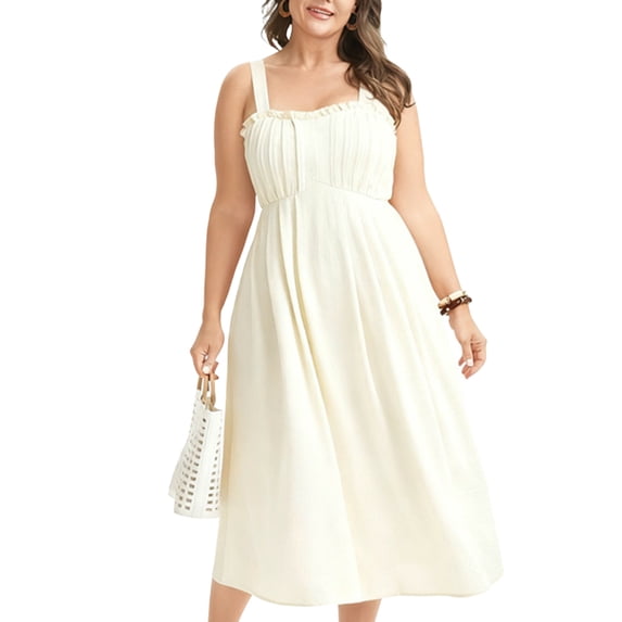 Zpanxa Square Neck Midi Dress Sleeveless Pleated Skirt Adjustable Strap A-Line Dress in Solid Color