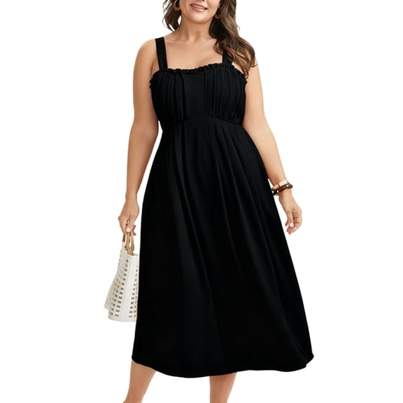 Zpanxa Square Neck Midi Dress Sleeveless Pleated Skirt Adjustable Strap A-Line Dress in Solid Color