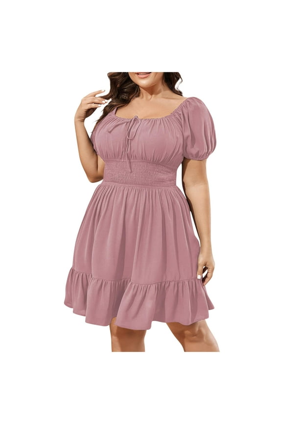 Square Neck Smocked Dress Plus Size Summer Casual Short Sleeve Solid Color Flowy