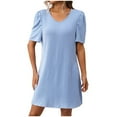 thumbnail image 1 of Zpanxa Striped Puff Sleeve Dress Women's Casual Round Neck Short Sleeve Smocked Dress, 1 of 8