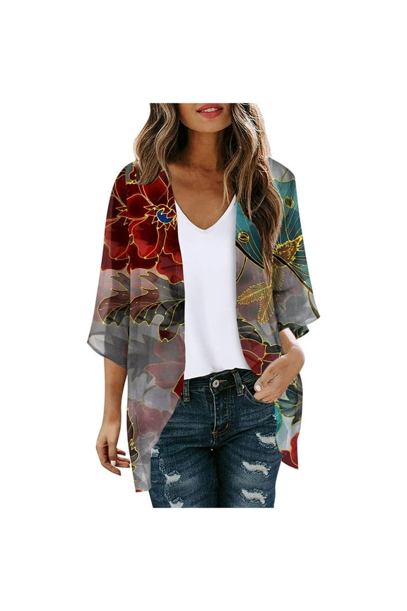 Summer Cardigans for Women Lightweight Floral Print Puff Sleeve Kimono Cardigan Loose Chiffon Cover up Casual Blouse Tops Red S