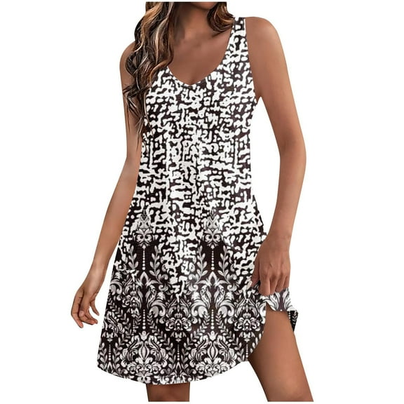 Zpanxa Summer Dresses for Women 2024 Fashion Casual Women's Print Print Sleeveless V-Neck Dress with Pocket Black C S
