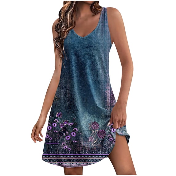 Zpanxa Summer Dresses for Women 2024 Fashion Casual Women's Print Print Sleeveless V-Neck Dress with Pocket Blue A L