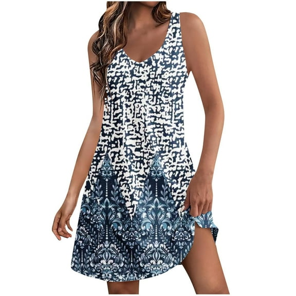 Zpanxa Summer Dresses for Women 2024 Fashion Casual Women's Print Print Sleeveless V-Neck Dress with Pocket Blue C L