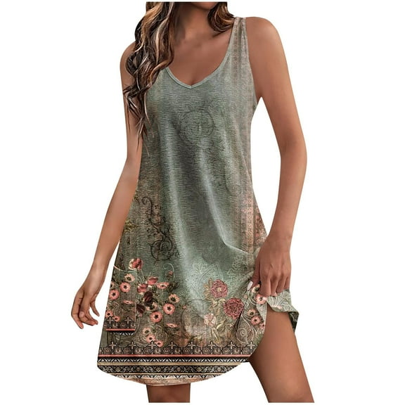 Zpanxa Summer Dresses for Women 2024 Fashion Casual Women's Print Print Sleeveless V-Neck Dress with Pocket Green A XXL