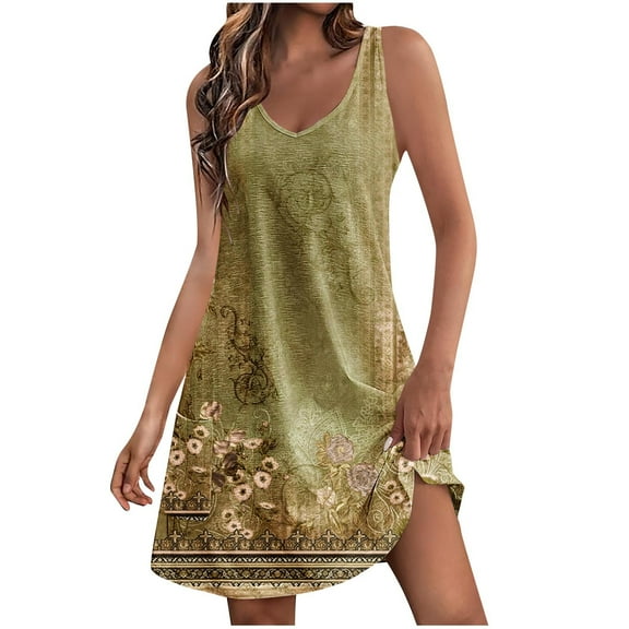 Zpanxa Summer Dresses for Women 2024 Fashion Casual Women's Print Print Sleeveless V-Neck Dress with Pocket Yellow A S