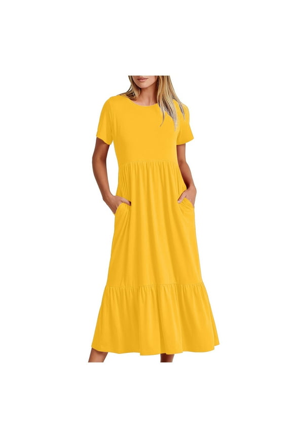 Summer Dresses for Women 2024 Summer Casual Short Sleeve Crewneck Dress Casual Flowy Tiered Maxi Beach Dress with Pockets Yellow B L