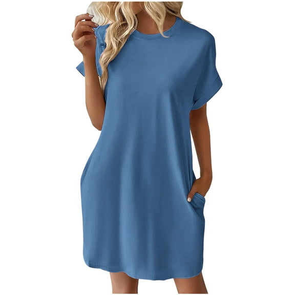 Zpanxa Summer Dresses for Women Summer Comfort Fashion Solid Color Pocket Short Sleeve Round-Neck Dres Navy S