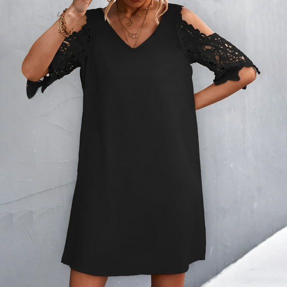Ashirexll Summer Dresses for Women Fashion Casual Sexy V-Neck Solid Summer Lace Short Sleeve Mini Dress Black XXL