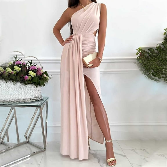 Zpanxa Summer Dresses for Women Fashion Summer Solid One Shoulder Sleeveless Hollow Out Long Dress Pink XL