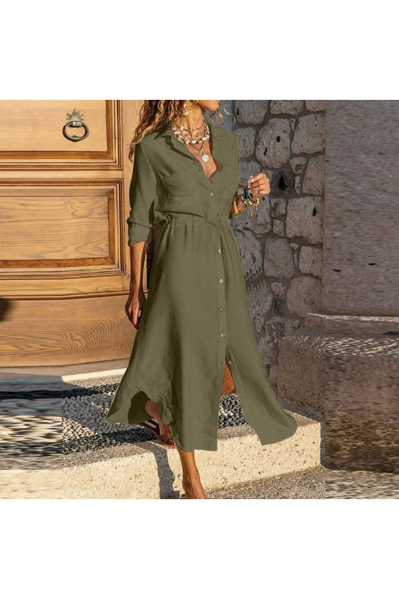 Summer Dresses for Women Solid Color Single Breasted Lapel Drawstring Shirt Dress Cotton Linen Dress Army Green 3XL