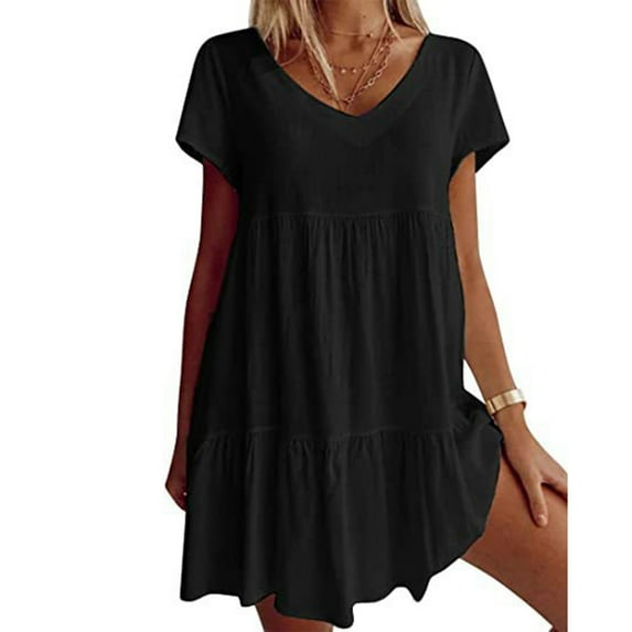 Zpanxa Summer Dresses for Women Summer Casual V-Neck Short Sleeve Folding Solid Dresses Black L