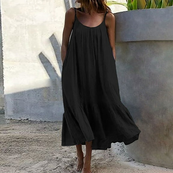 Zpanxa Summer Dresses for Women Summer Maxi Dress Casual Boho Sleeveless Spaghetti Strap Smocked Tiered Long Beach Sun Dresses Black M