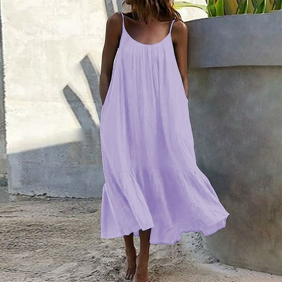 Zpanxa Summer Dresses for Women Summer Maxi Dress Casual Boho Sleeveless Spaghetti Strap Smocked Tiered Long Beach Sun Dresses Purple One Size