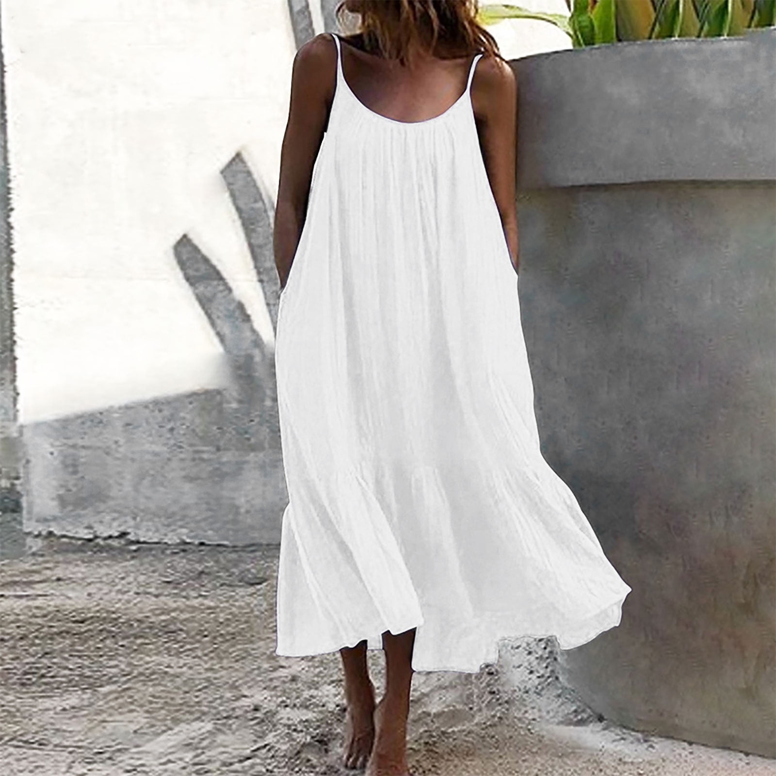 white spaghetti strap dress casual Elegant Solid Color Pleated Hem Spaghetti Strap Summer Dress for Women   Canary Houze