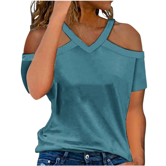Zpanxa Summer Off-Shoulder Top for Women V-Neck Short Sleeve Solid Color Blouse Casual Fashion Loose Fit Breathable Tunic