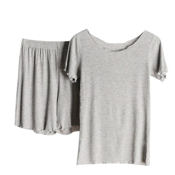 Zpanxa Summer Sets for Women, Casual Two Piece Suit Pajamas Ribs without Marks, Flounce Short Sleeve Round Neck Top Shirt Set Outfits, Short Lounge Sets for Women Gray 4XL